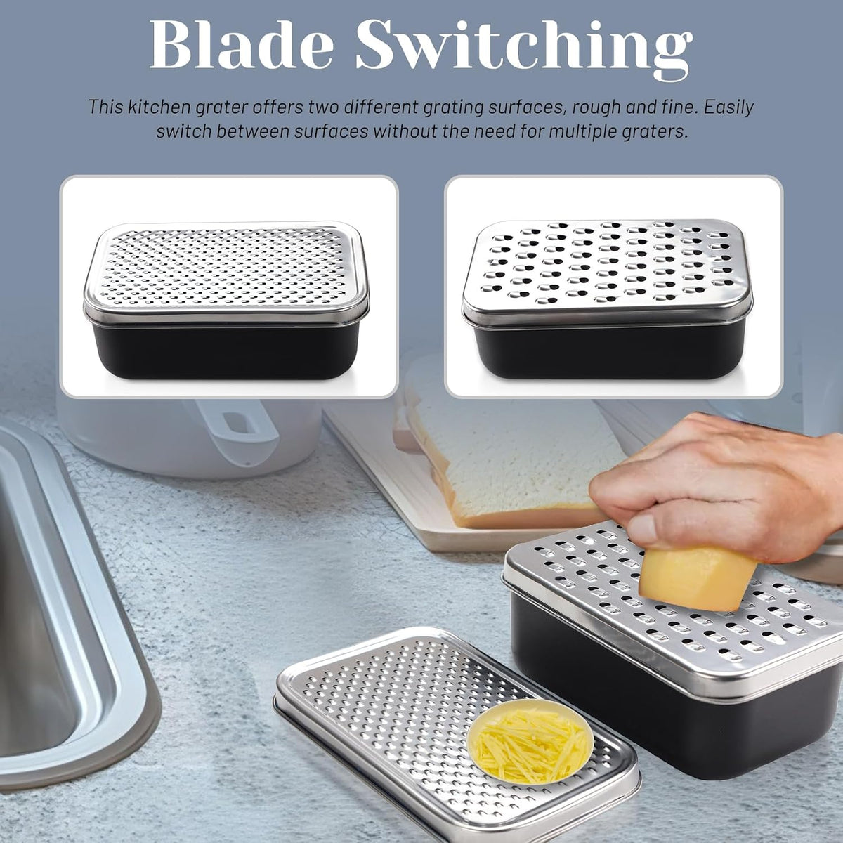 Cheese Grater with Container, Stainless Steel Cheese Shredder, Multifunctional Box Grater, Graters for Kitchen to Shredding Vegetable, Fruits