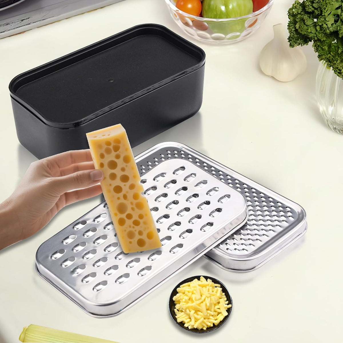 Cheese Grater with Container, Stainless Steel Cheese Shredder, Multifunctional Box Grater, Graters for Kitchen to Shredding Vegetable, Fruits