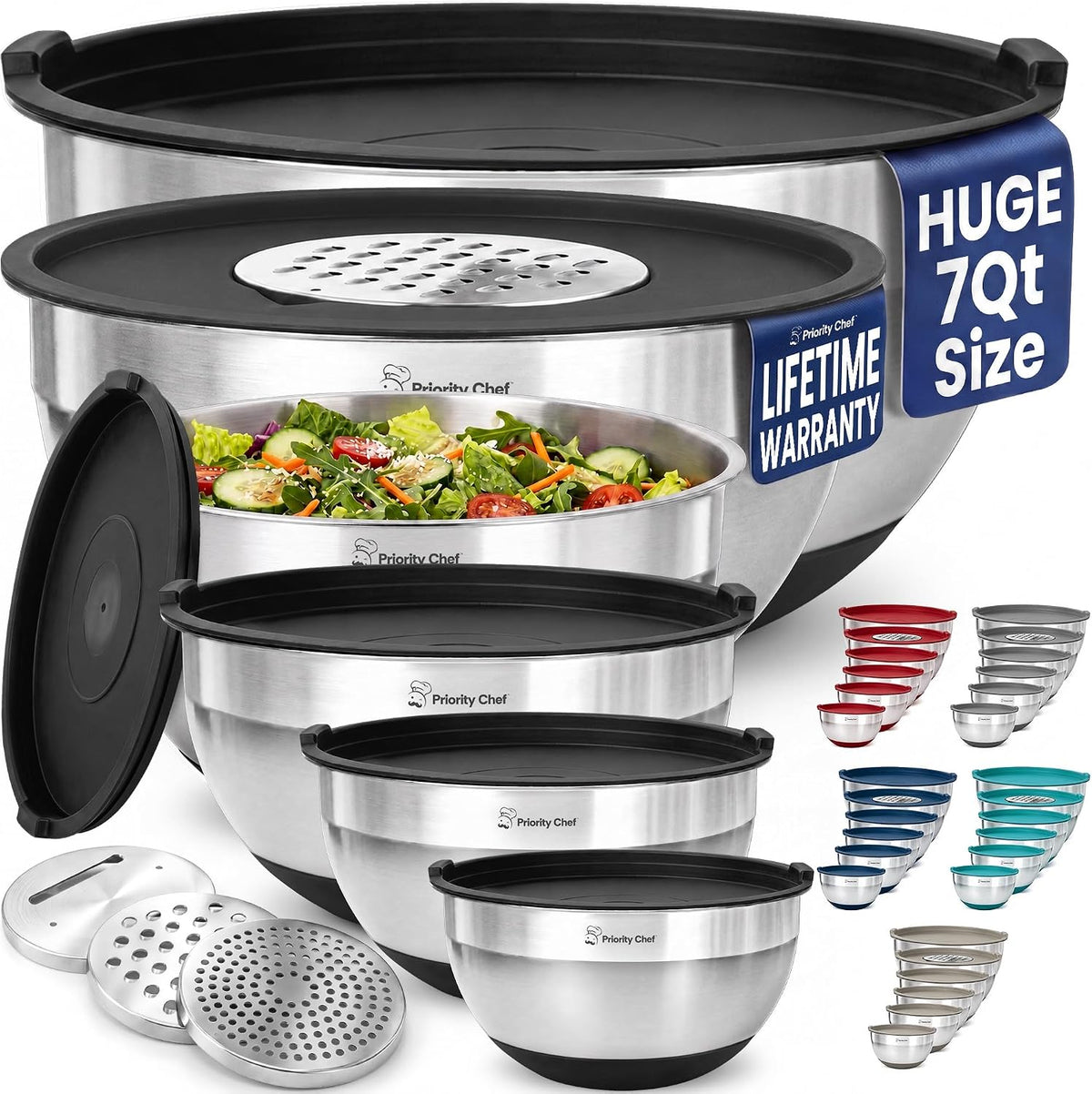 6pc Stainless Steel Mixing Bowls with Lids Set, 7 Qt, Black