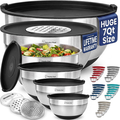 6pc Stainless Steel Mixing Bowls with Lids Set, 7 Qt, Black
