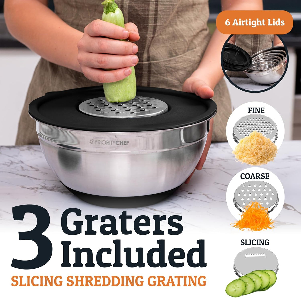 6pc Stainless Steel Mixing Bowls with Lids Set, 7 Qt, Black