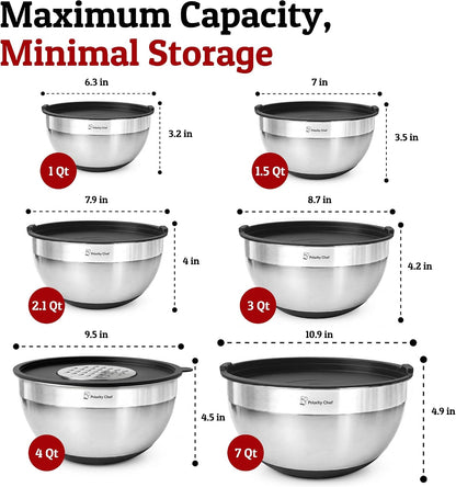 6pc Stainless Steel Mixing Bowls with Lids Set, 7 Qt, Black
