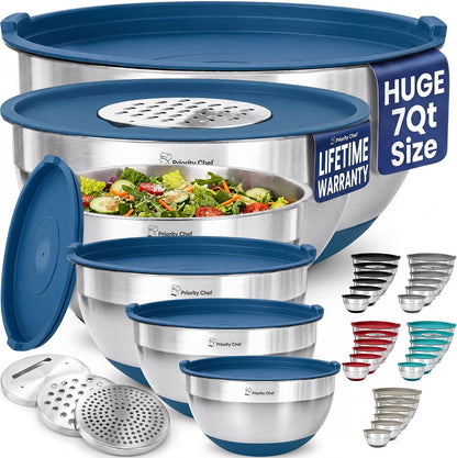 6pc Stainless Steel Mixing Bowls with Lids Set, 7 Qt, Black