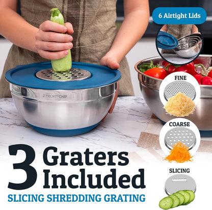 6pc Stainless Steel Mixing Bowls with Lids Set, 7 Qt, Black
