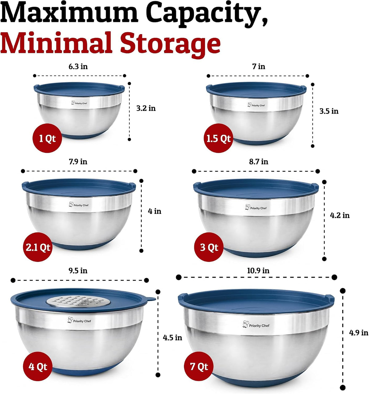 6pc Stainless Steel Mixing Bowls with Lids Set, 7 Qt, Black
