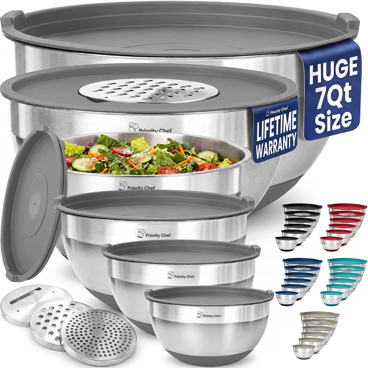 6pc Stainless Steel Mixing Bowls with Lids Set, 7 Qt, Black