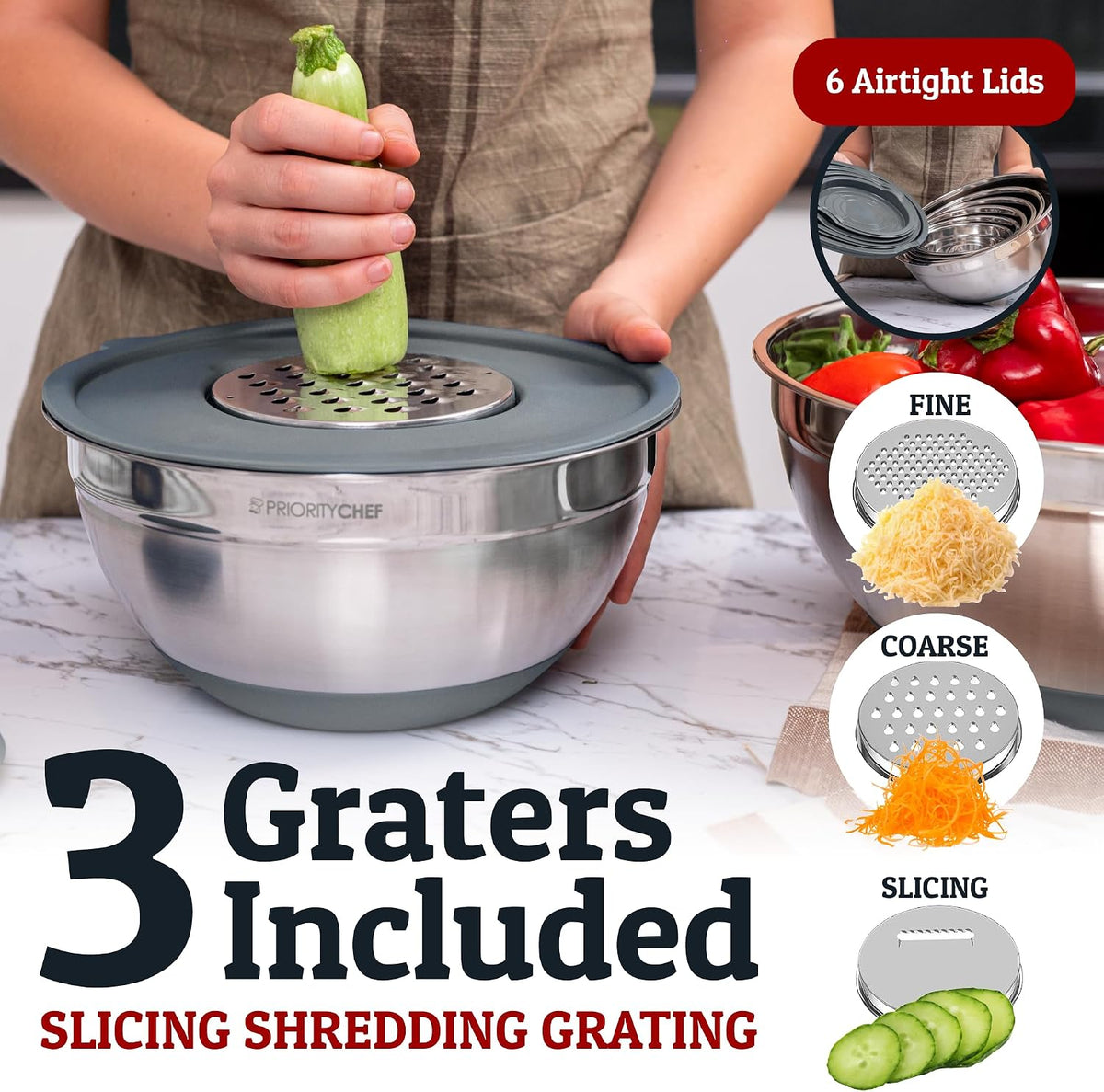 6pc Stainless Steel Mixing Bowls with Lids Set, 7 Qt, Black