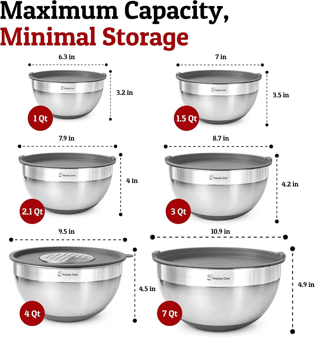 6pc Stainless Steel Mixing Bowls with Lids Set, 7 Qt, Black