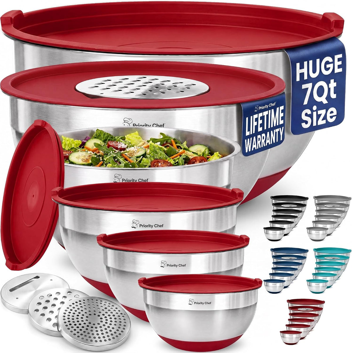 6pc Stainless Steel Mixing Bowls with Lids Set, 7 Qt, Black