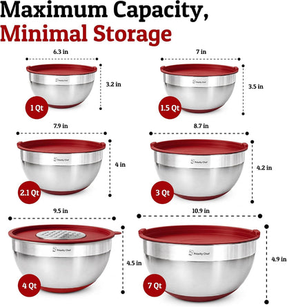 6pc Stainless Steel Mixing Bowls with Lids Set, 7 Qt, Black