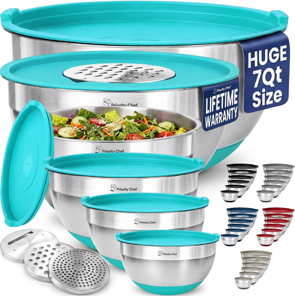 6pc Stainless Steel Mixing Bowls with Lids Set, 7 Qt, Black