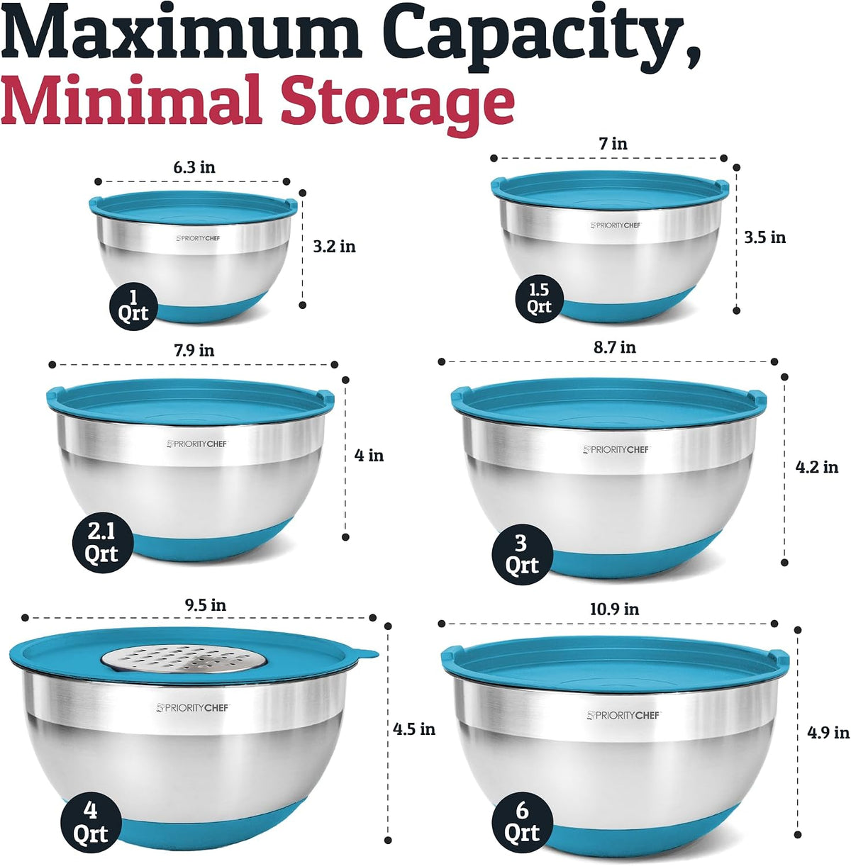 6pc Stainless Steel Mixing Bowls with Lids Set, 7 Qt, Black