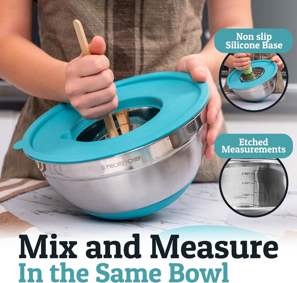 6pc Stainless Steel Mixing Bowls with Lids Set, 7 Qt, Black