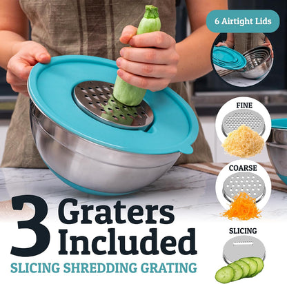 6pc Stainless Steel Mixing Bowls with Lids Set, 7 Qt, Black