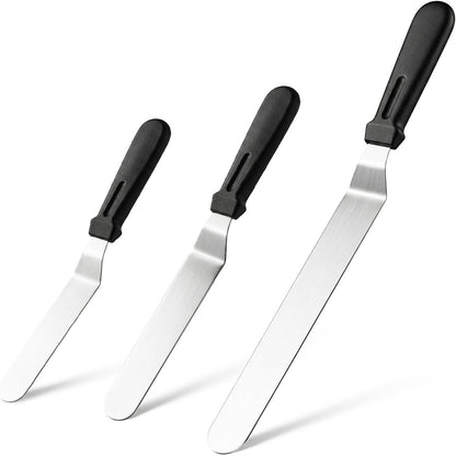 Icing Spatula Set of 3 – Professional-Style Angled Offset Spatula 6, 8 & 10 Inch Stainless Steel Blades – Ergonomic Non-Slip Handle Cake Spatula for Cake Decorating, Baking & Pastry