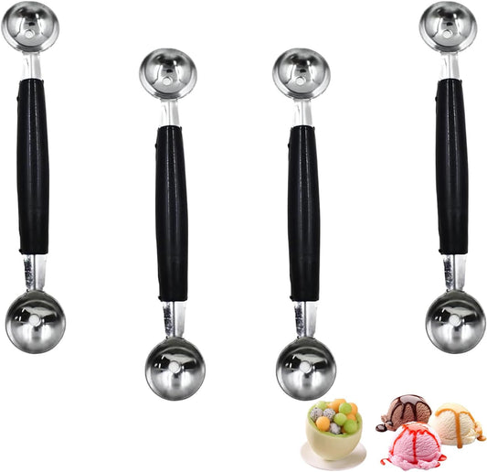 4 Pcs Double Ended Headed Fruit Icecream Ball Spoon,Stainless Steel Melon Baller,Smooth Round Melon Balls Melon Scoop for Watermelon/Ice Cream/Fruits/Sorbet/Meatball