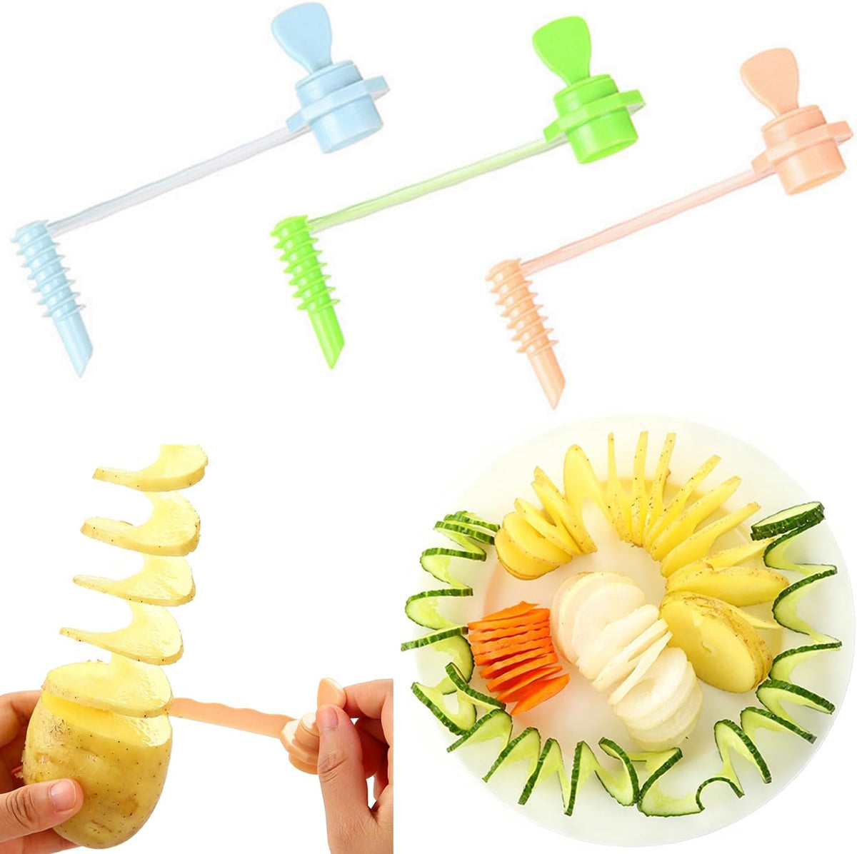 3 Pack Twisted Potato Slicer Portable Manual Spiral Potato Cutter Potato Spiral Cutter Spiralizer for Twisted Potato Fries Tornado Potato Snacks Sidewinder Fries Twirl Potatoes Curly Chips