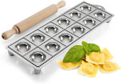 Ravioli Mold - Pasta Cutter Makes 12 Round 2” Raviolis - Easy to Use Stuffed Pasta Maker with Wood Roller and Non-Slip Rubber Feet - Made in Italy Kitchen Tools