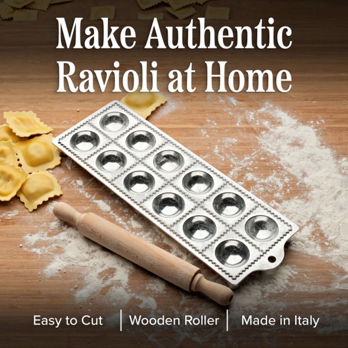 Ravioli Mold - Pasta Cutter Makes 12 Round 2” Raviolis - Easy to Use Stuffed Pasta Maker with Wood Roller and Non-Slip Rubber Feet - Made in Italy Kitchen Tools