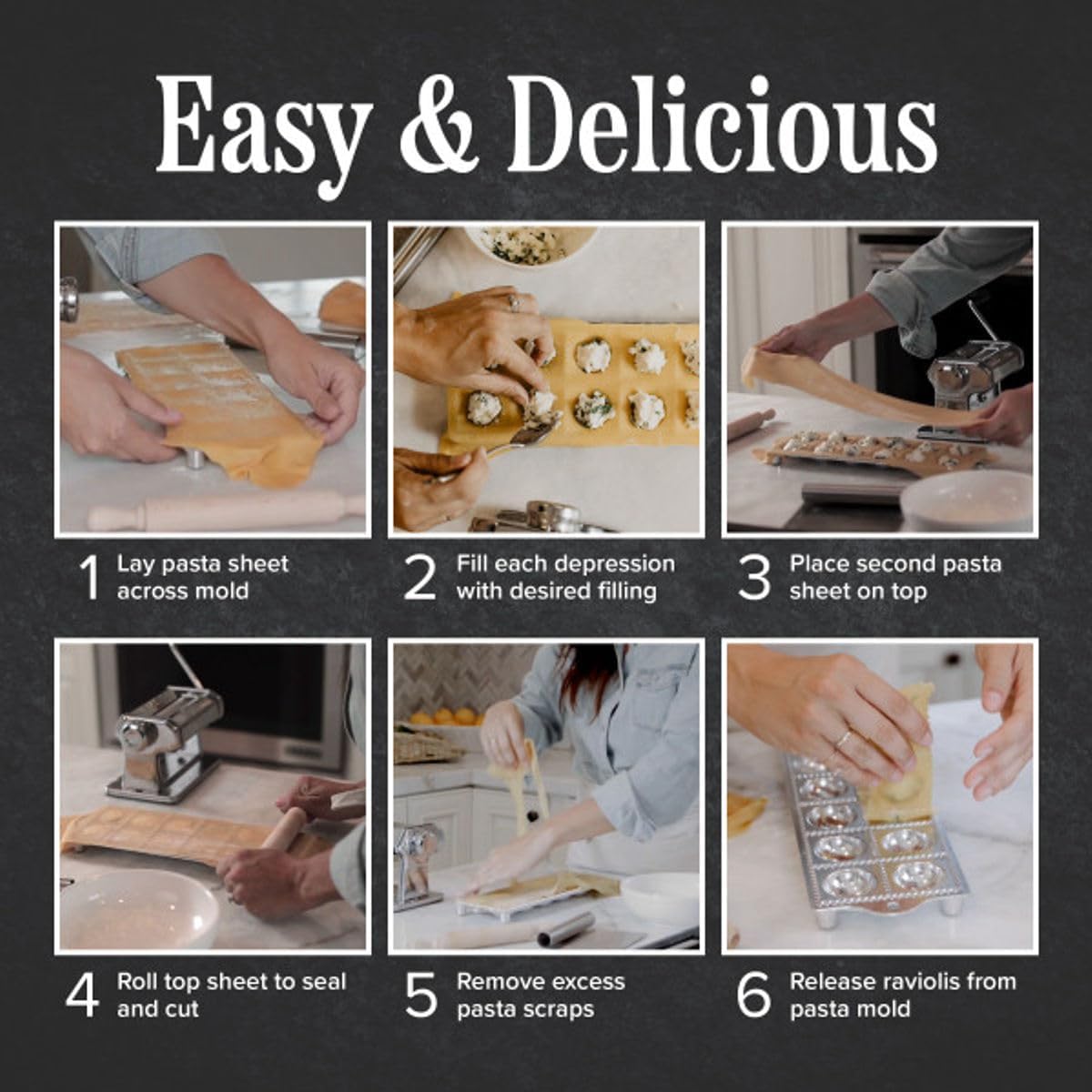 Ravioli Mold - Pasta Cutter Makes 12 Round 2” Raviolis - Easy to Use Stuffed Pasta Maker with Wood Roller and Non-Slip Rubber Feet - Made in Italy Kitchen Tools