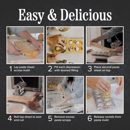 Ravioli Mold - Pasta Cutter Makes 12 Round 2” Raviolis - Easy to Use Stuffed Pasta Maker with Wood Roller and Non-Slip Rubber Feet - Made in Italy Kitchen Tools