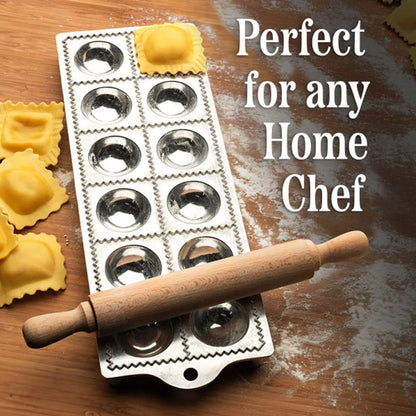 Ravioli Mold - Pasta Cutter Makes 12 Round 2” Raviolis - Easy to Use Stuffed Pasta Maker with Wood Roller and Non-Slip Rubber Feet - Made in Italy Kitchen Tools