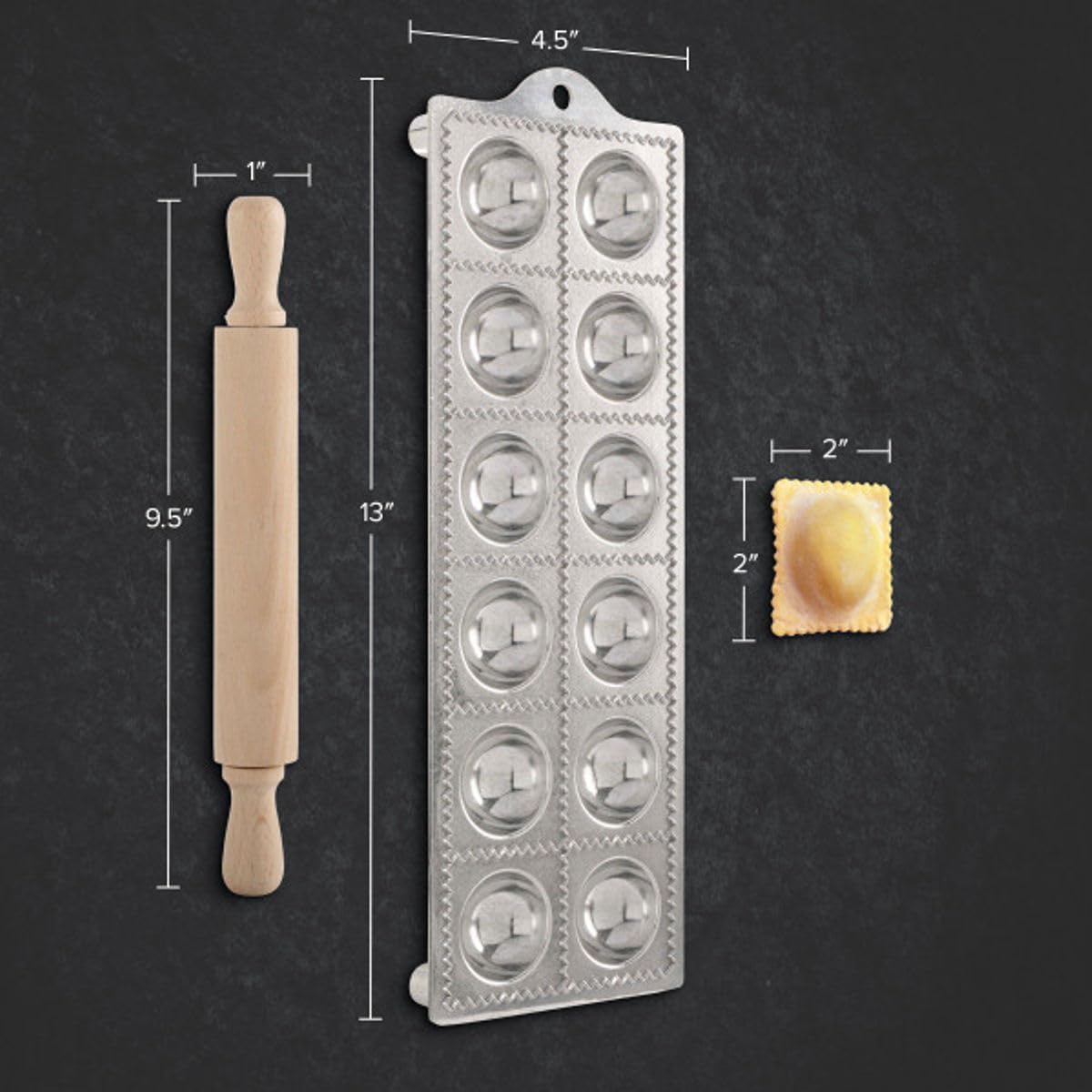 Ravioli Mold - Pasta Cutter Makes 12 Round 2” Raviolis - Easy to Use Stuffed Pasta Maker with Wood Roller and Non-Slip Rubber Feet - Made in Italy Kitchen Tools