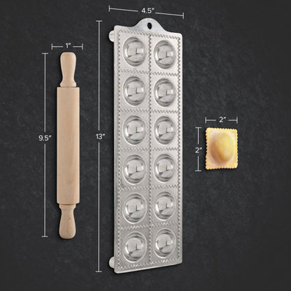 Ravioli Mold - Pasta Cutter Makes 12 Round 2” Raviolis - Easy to Use Stuffed Pasta Maker with Wood Roller and Non-Slip Rubber Feet - Made in Italy Kitchen Tools