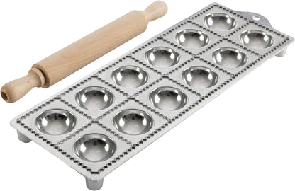 Ravioli Mold - Pasta Cutter Makes 12 Round 2” Raviolis - Easy to Use Stuffed Pasta Maker with Wood Roller and Non-Slip Rubber Feet - Made in Italy Kitchen Tools