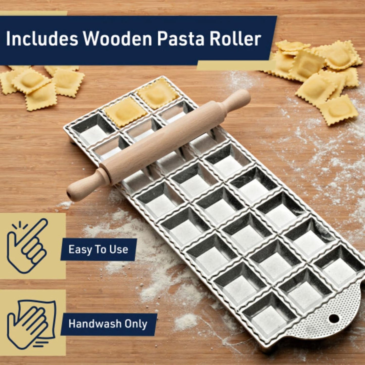 Ravioli Mold - Pasta Cutter Makes 12 Round 2” Raviolis - Easy to Use Stuffed Pasta Maker with Wood Roller and Non-Slip Rubber Feet - Made in Italy Kitchen Tools