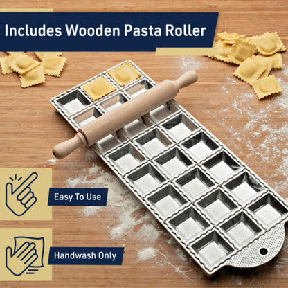Ravioli Mold - Pasta Cutter Makes 12 Round 2” Raviolis - Easy to Use Stuffed Pasta Maker with Wood Roller and Non-Slip Rubber Feet - Made in Italy Kitchen Tools
