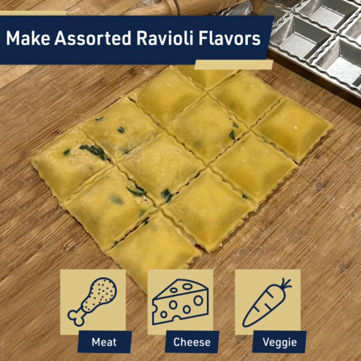 Ravioli Mold - Pasta Cutter Makes 12 Round 2” Raviolis - Easy to Use Stuffed Pasta Maker with Wood Roller and Non-Slip Rubber Feet - Made in Italy Kitchen Tools