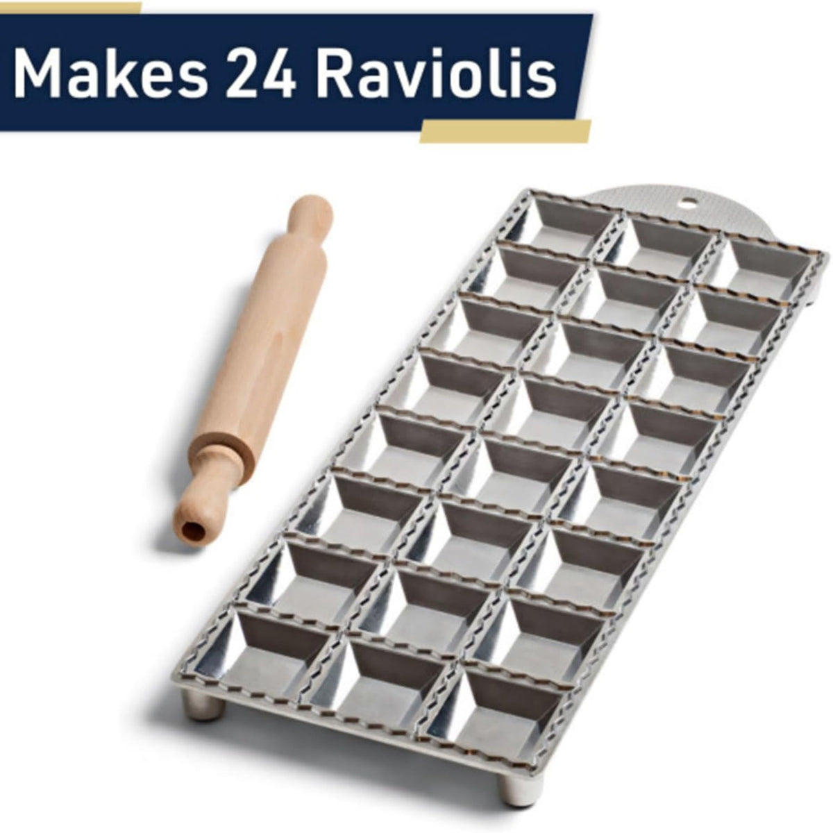 Ravioli Mold - Pasta Cutter Makes 12 Round 2” Raviolis - Easy to Use Stuffed Pasta Maker with Wood Roller and Non-Slip Rubber Feet - Made in Italy Kitchen Tools
