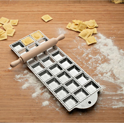 Ravioli Mold - Pasta Cutter Makes 12 Round 2” Raviolis - Easy to Use Stuffed Pasta Maker with Wood Roller and Non-Slip Rubber Feet - Made in Italy Kitchen Tools