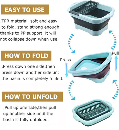 11L（2.91 Gallon） Collapsible Dish Basin with Drain Plug, Space Saving Outdoor Multiuse Foldable Sink Tub, Dishpan, Portable Kitchen Storage Tray for Vegetable Washing, Camping, RV (Green)