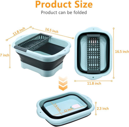 11L（2.91 Gallon） Collapsible Dish Basin with Drain Plug, Space Saving Outdoor Multiuse Foldable Sink Tub, Dishpan, Portable Kitchen Storage Tray for Vegetable Washing, Camping, RV (Green)