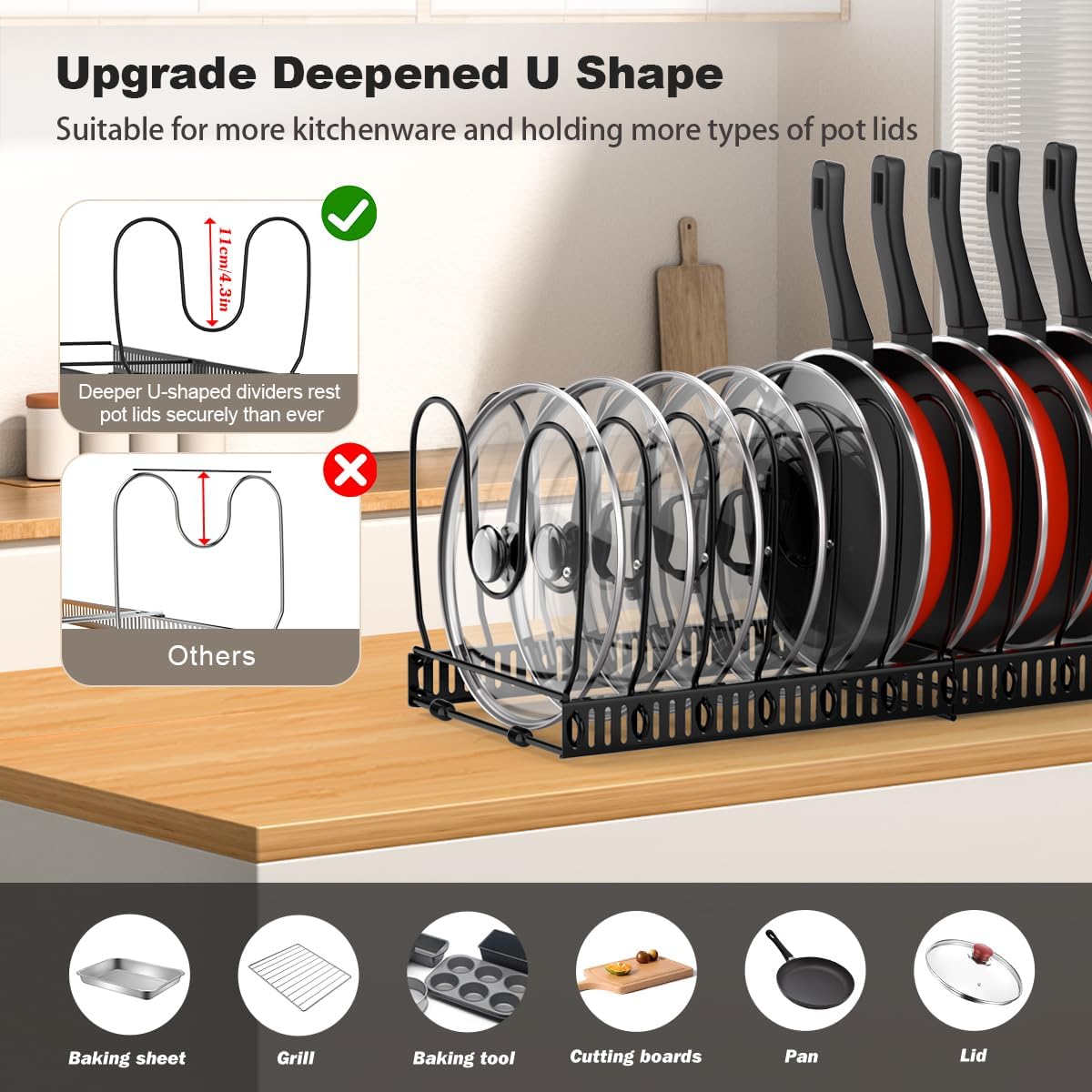 2 Pack Pot and Pan Lid Organizer Holder Storage Rack, Black | 12"-23" Expandable, 14 Adjustable Dividers, Sturdy Metal Construction, Easy Assembly