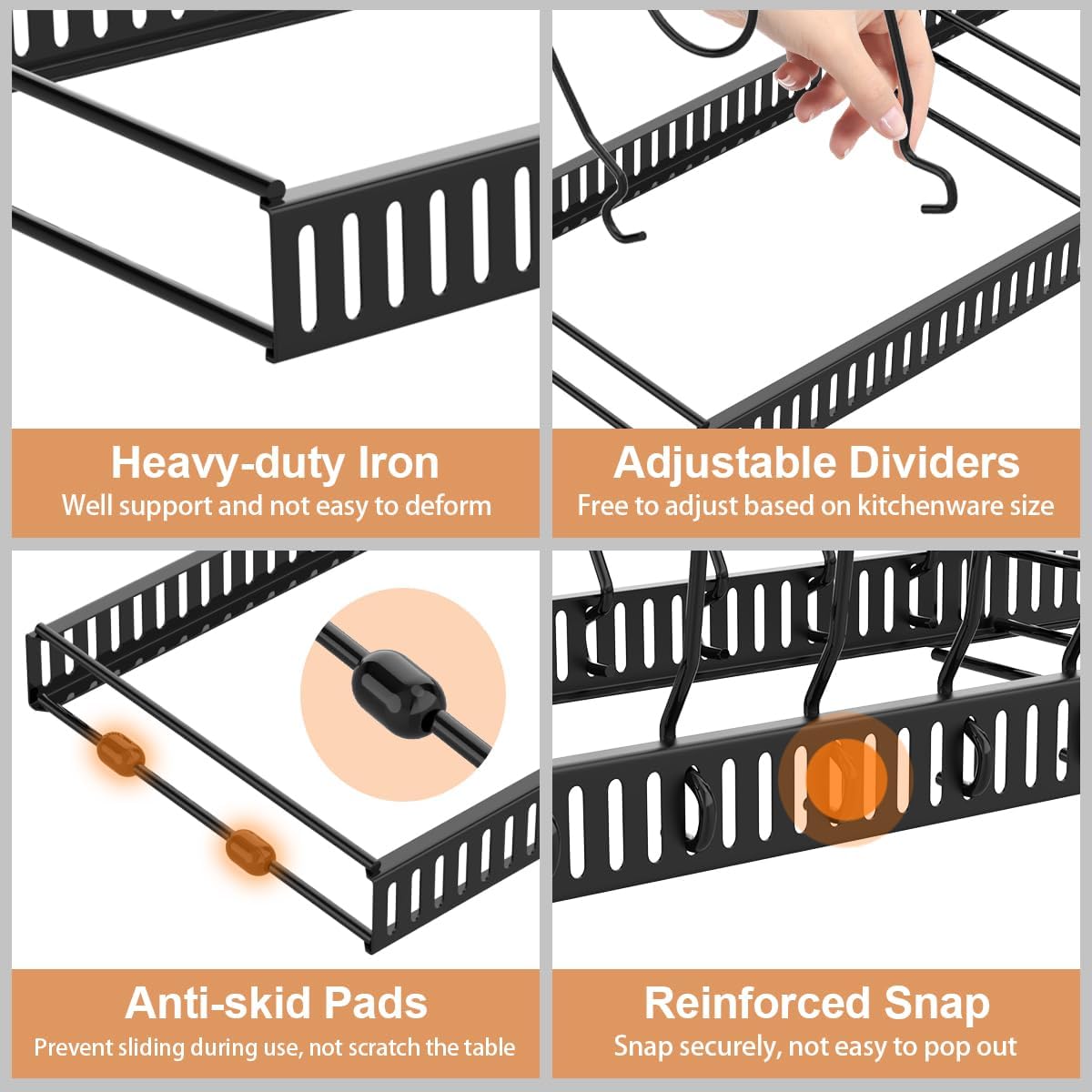 2 Pack Pot and Pan Lid Organizer Holder Storage Rack, Black | 12"-23" Expandable, 14 Adjustable Dividers, Sturdy Metal Construction, Easy Assembly