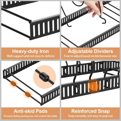 2 Pack Pot and Pan Lid Organizer Holder Storage Rack, Black | 12"-23" Expandable, 14 Adjustable Dividers, Sturdy Metal Construction, Easy Assembly