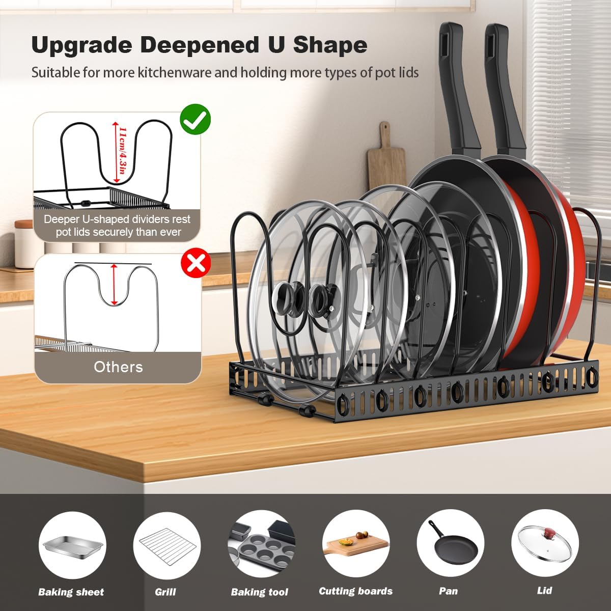 2 Pack Pot and Pan Lid Organizer Holder Storage Rack, Black | 12"-23" Expandable, 14 Adjustable Dividers, Sturdy Metal Construction, Easy Assembly