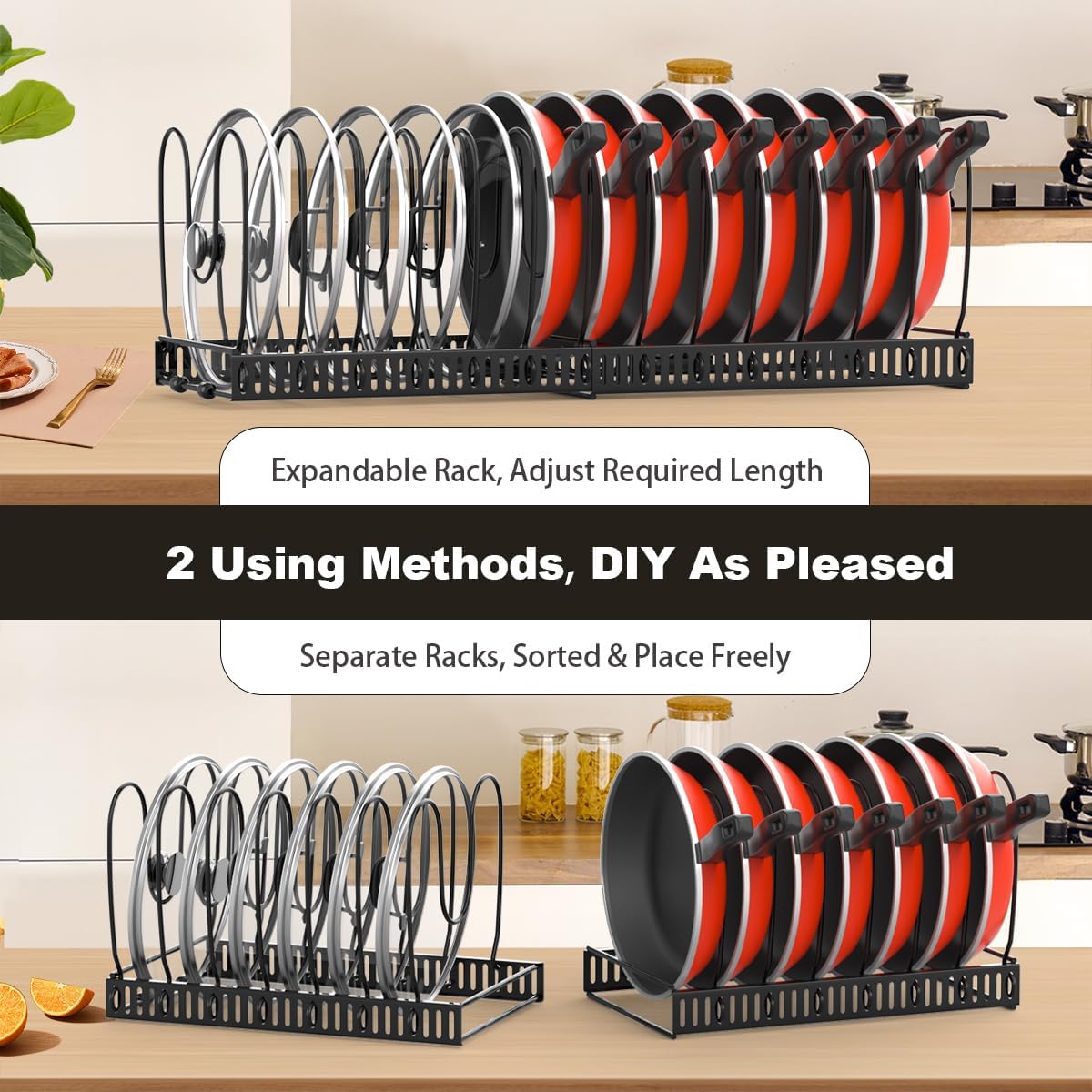 2 Pack Pot and Pan Lid Organizer Holder Storage Rack, Black | 12"-23" Expandable, 14 Adjustable Dividers, Sturdy Metal Construction, Easy Assembly