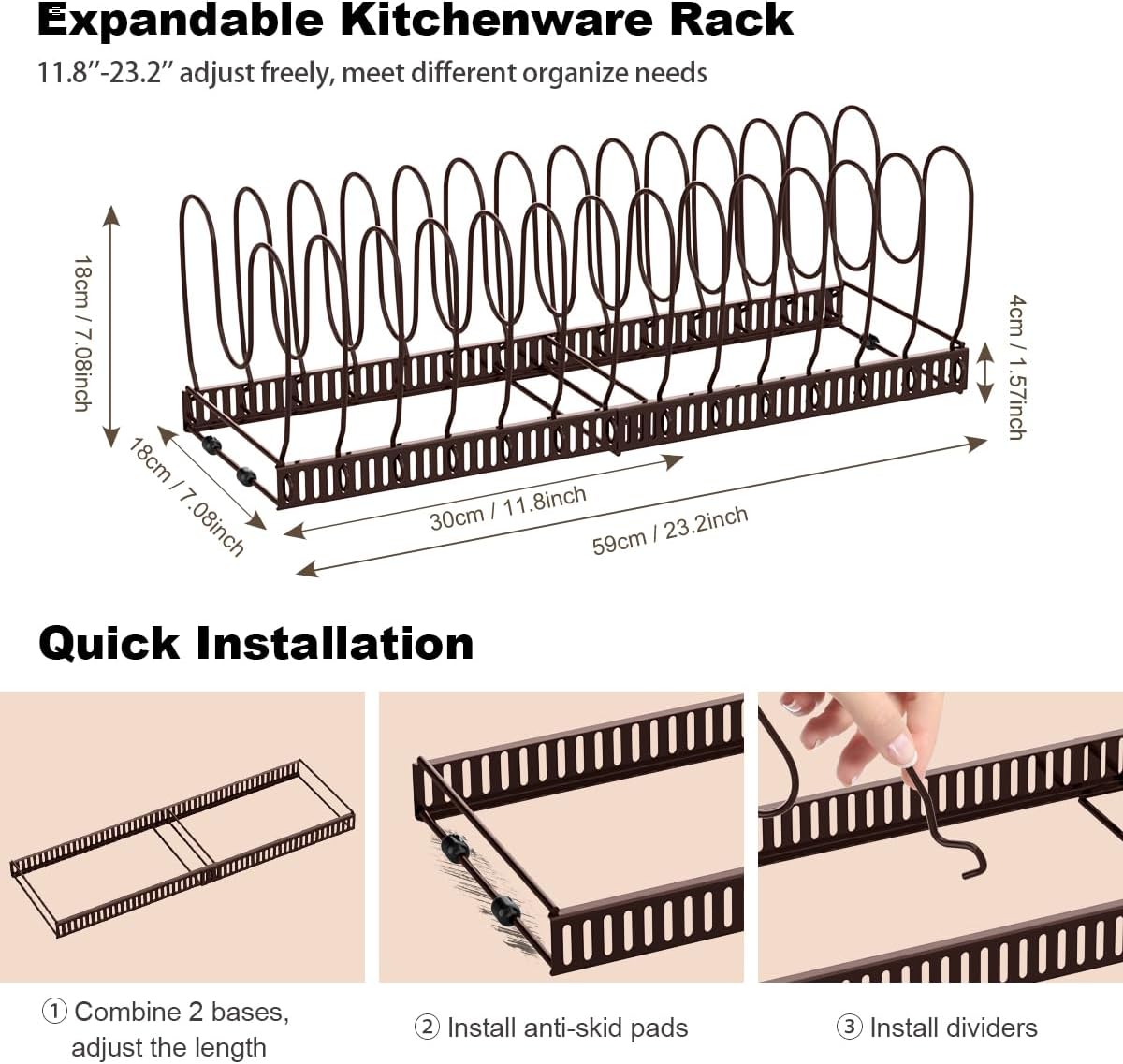 2 Pack Pot and Pan Lid Organizer Holder Storage Rack, Black | 12"-23" Expandable, 14 Adjustable Dividers, Sturdy Metal Construction, Easy Assembly