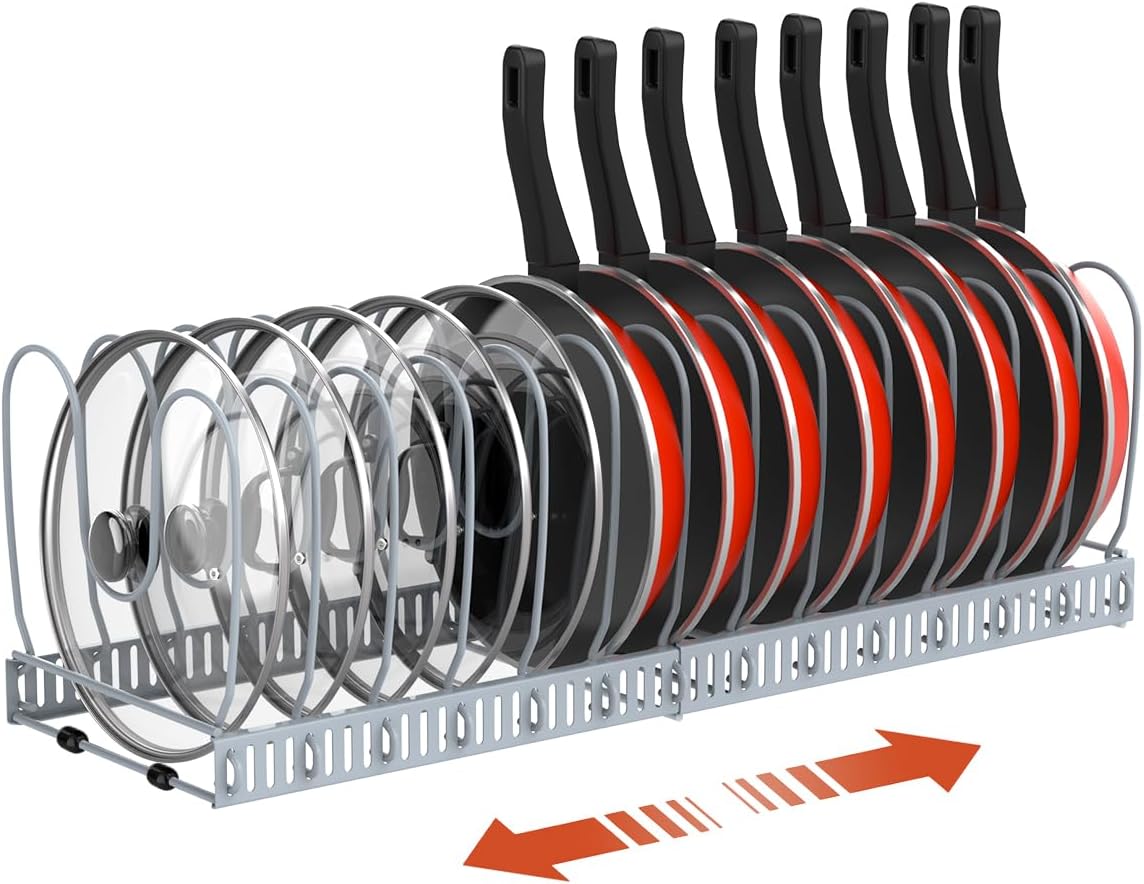 2 Pack Pot and Pan Lid Organizer Holder Storage Rack, Black | 12"-23" Expandable, 14 Adjustable Dividers, Sturdy Metal Construction, Easy Assembly