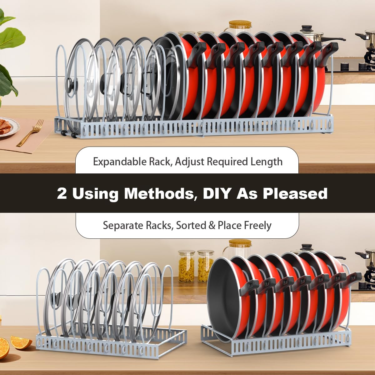 2 Pack Pot and Pan Lid Organizer Holder Storage Rack, Black | 12"-23" Expandable, 14 Adjustable Dividers, Sturdy Metal Construction, Easy Assembly