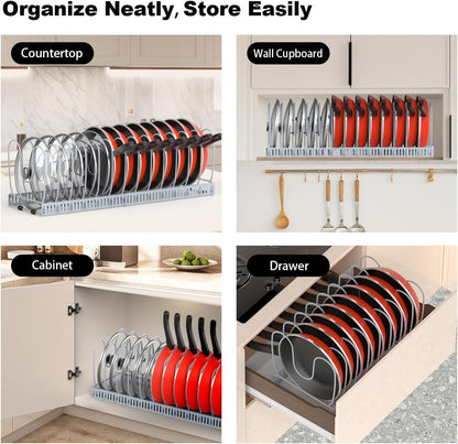 2 Pack Pot and Pan Lid Organizer Holder Storage Rack, Black | 12"-23" Expandable, 14 Adjustable Dividers, Sturdy Metal Construction, Easy Assembly