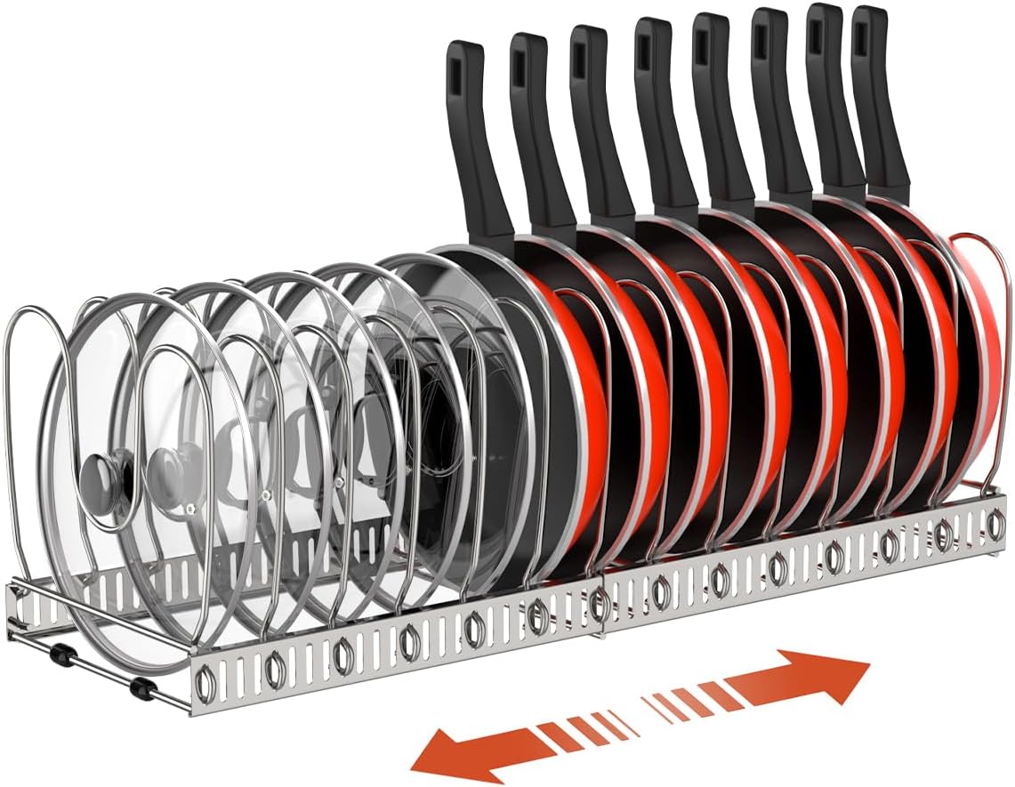 2 Pack Pot and Pan Lid Organizer Holder Storage Rack, Black | 12"-23" Expandable, 14 Adjustable Dividers, Sturdy Metal Construction, Easy Assembly
