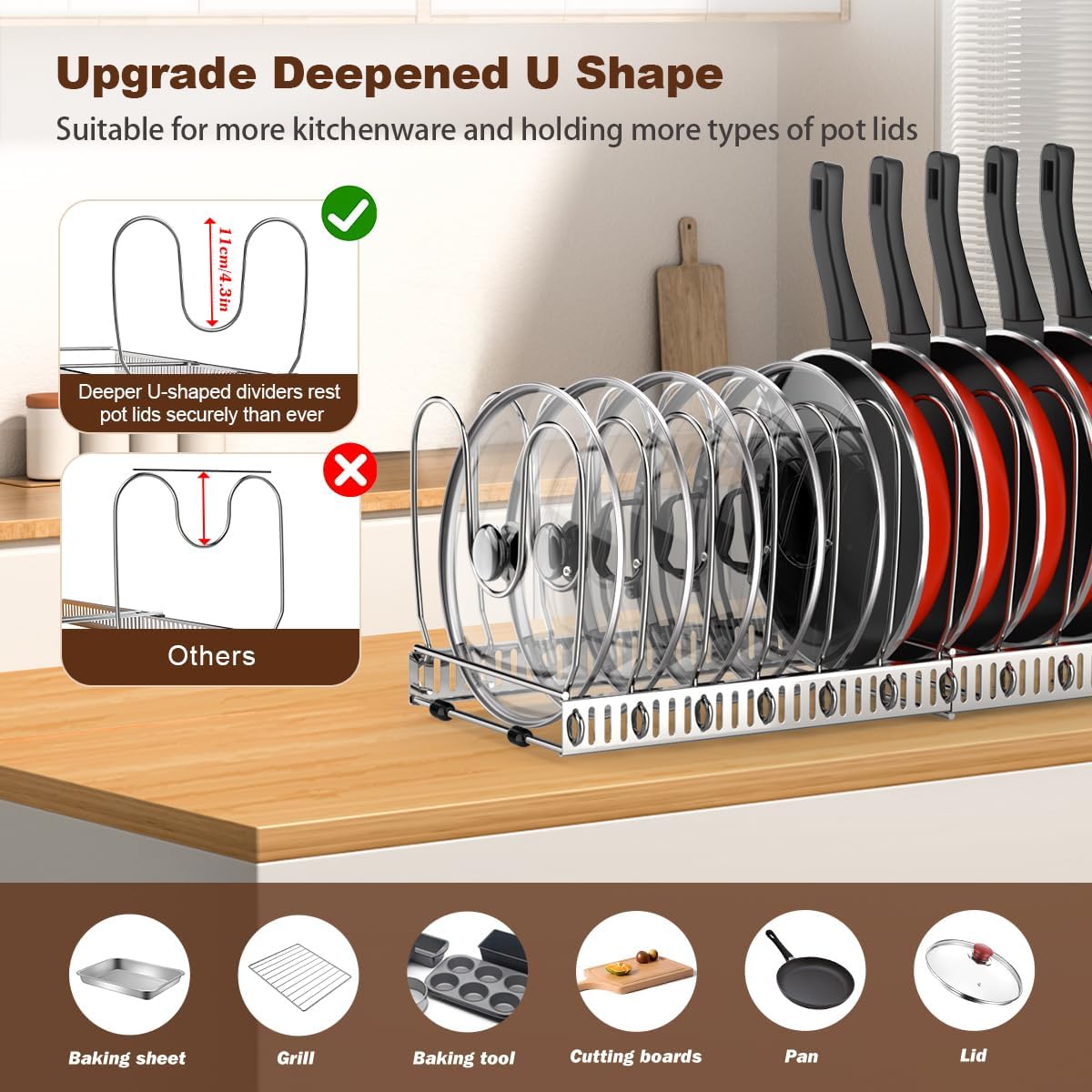 2 Pack Pot and Pan Lid Organizer Holder Storage Rack, Black | 12"-23" Expandable, 14 Adjustable Dividers, Sturdy Metal Construction, Easy Assembly