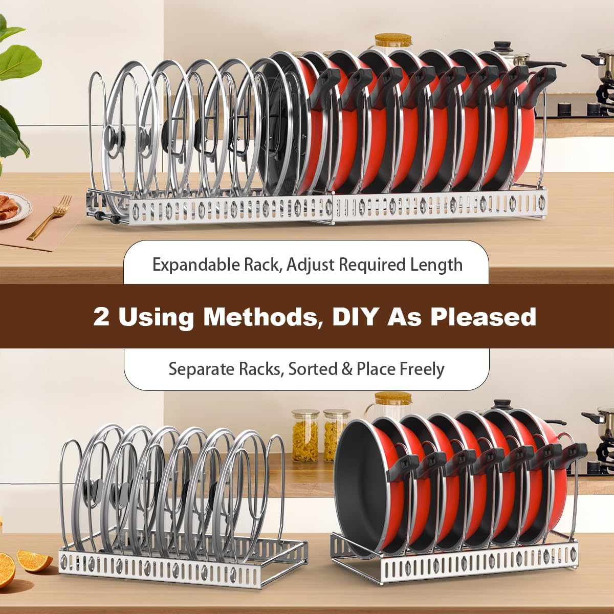2 Pack Pot and Pan Lid Organizer Holder Storage Rack, Black | 12"-23" Expandable, 14 Adjustable Dividers, Sturdy Metal Construction, Easy Assembly