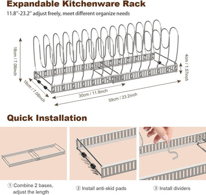2 Pack Pot and Pan Lid Organizer Holder Storage Rack, Black | 12"-23" Expandable, 14 Adjustable Dividers, Sturdy Metal Construction, Easy Assembly