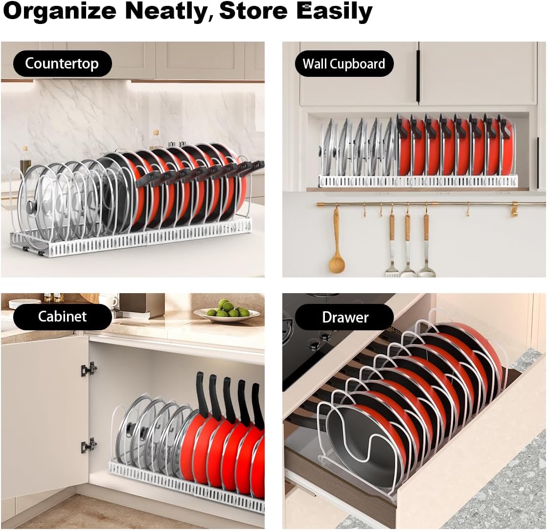 2 Pack Pot and Pan Lid Organizer Holder Storage Rack, Black | 12"-23" Expandable, 14 Adjustable Dividers, Sturdy Metal Construction, Easy Assembly